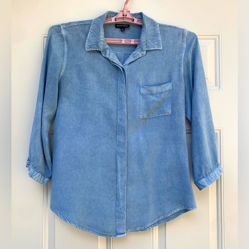 STYLE ENVY Women’s Sz L Shirt Blouse Blue 3/4 Sleeve Button Down Top Work Office